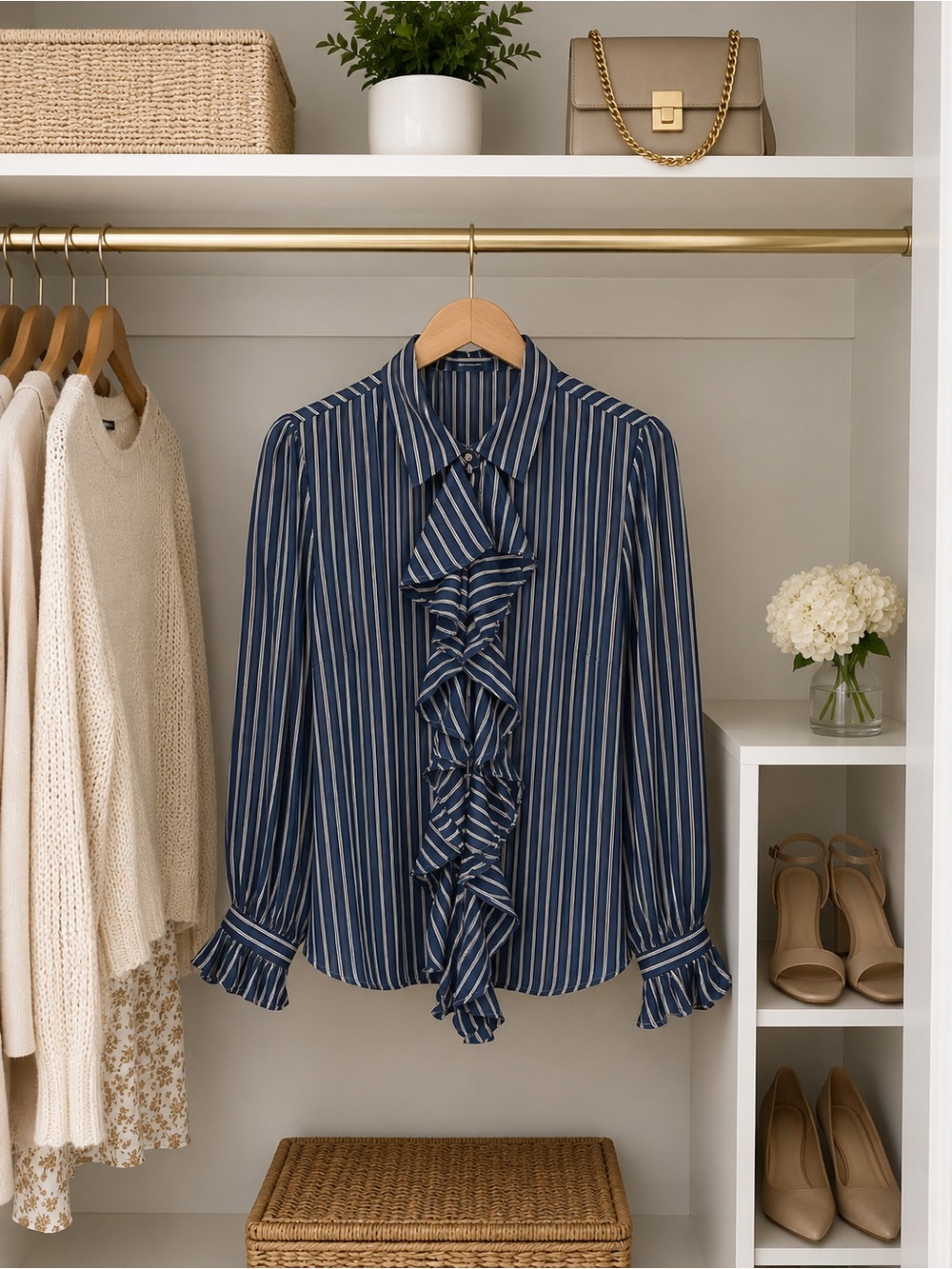 FRAME Striped Ruffle Front Button-Up Blouse - Navy
